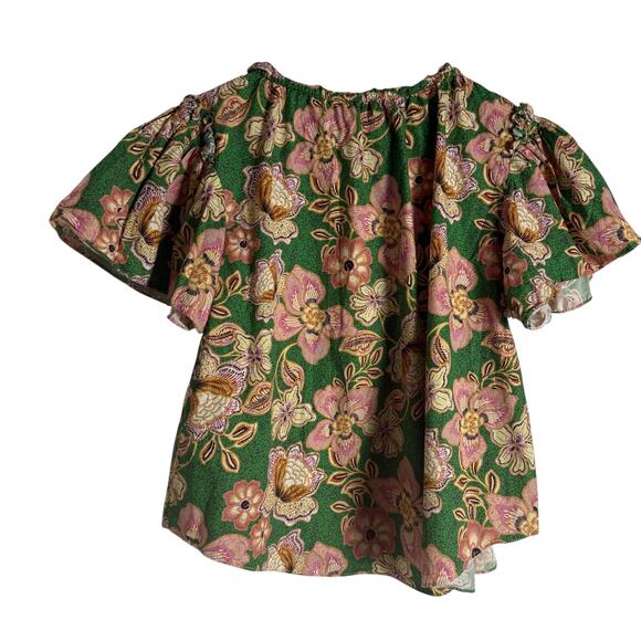 MISA Suparna Green Floral Print Cap Sleeve Tie Neck Peasant Blouse Size Large - Picture 10 of 14